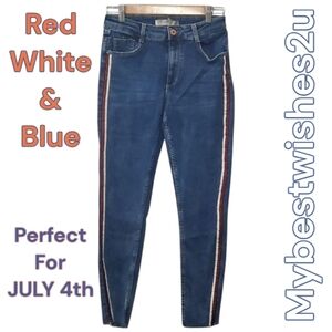 Zara Jeans Womens Size 6 Blue With White Glitter Red Side Stripes Raw Cut Frayed